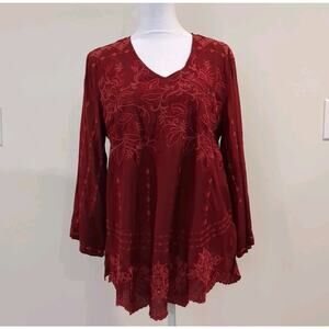 John Mark Women's M Burgundy Red Embroidered Tunic Top Blouse Boho